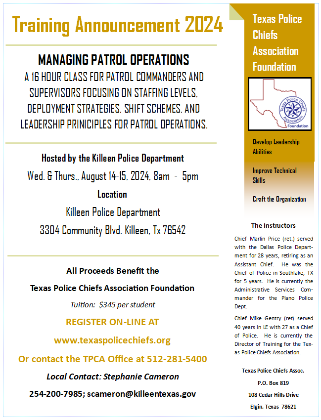 2024 Managing Patrol Operations Killeen Texas Police Chiefs Association