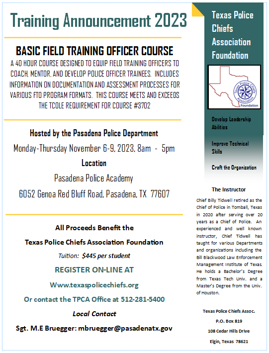 2023 Basic Field Training Officers Course Pasadena Texas Police